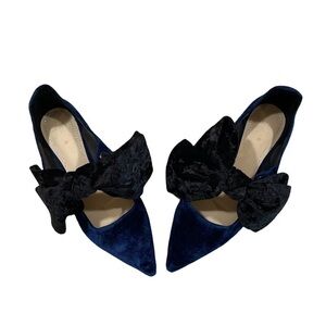 Zara Woman Velvet Big Bow Pointed Toe Flat, Blue and Black, 37